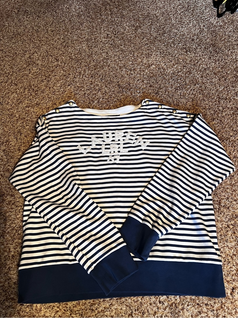 Lauren Ralph Lauren Navy and White Striped Sweatshirt with Gold Buttons